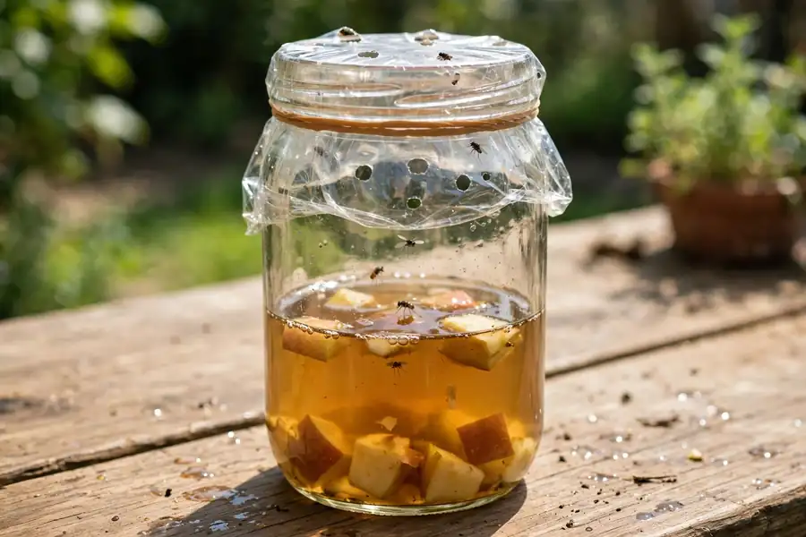 Jar trap with plastic wrap and apple cider vinegar bait