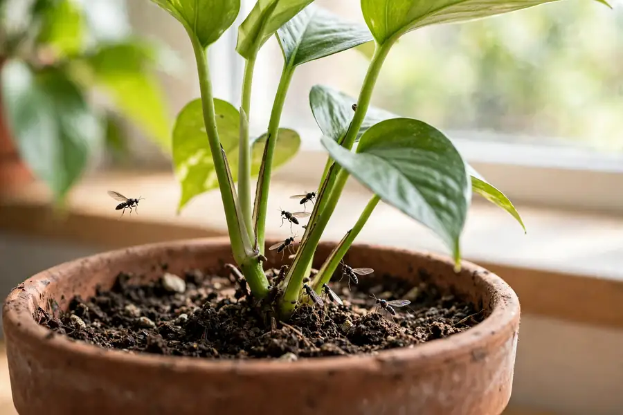 Small dark fungus gnats near a houseplant
