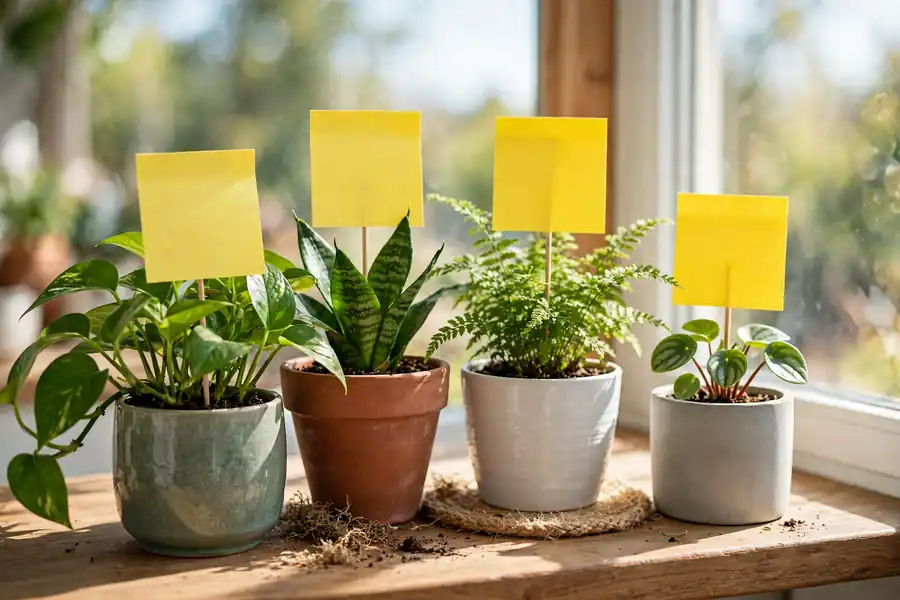 Houseplant with yellow sticky cards in every pot
