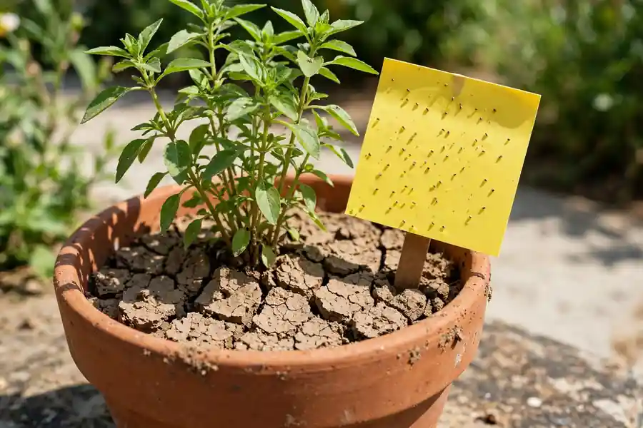 Potted plant with dry top soil and a yellow sticky card