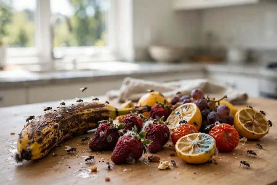 Forgotten produce attracting small flies in a kitchen