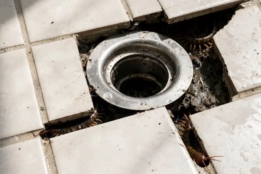 Bathroom drain area where centipedes hide