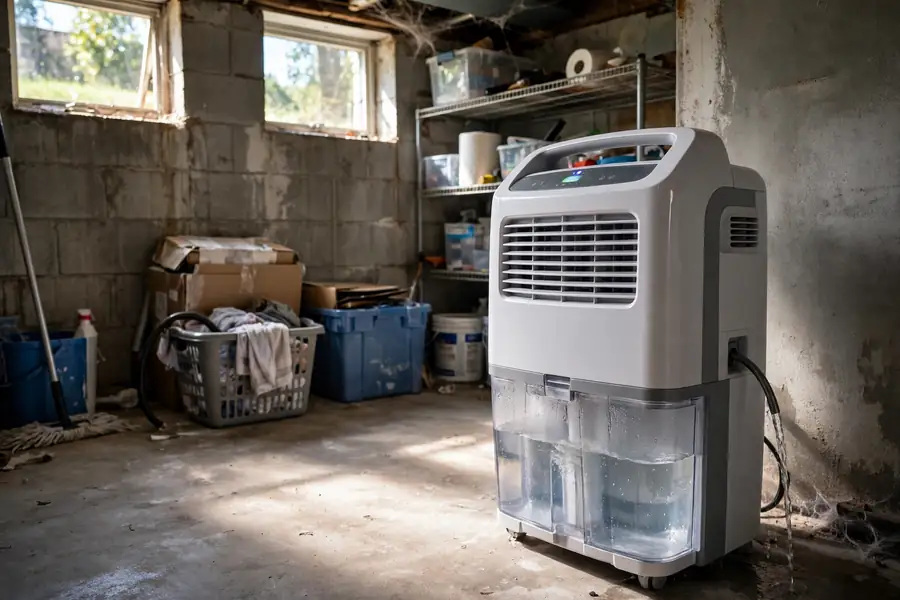 Dehumidifier running in a basement