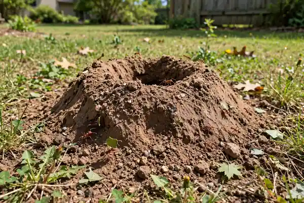 Crater-topped leaf cutter ant mound in a yard