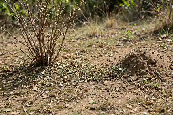 Trail of leaf bits from a stripped shrub to an ant mound