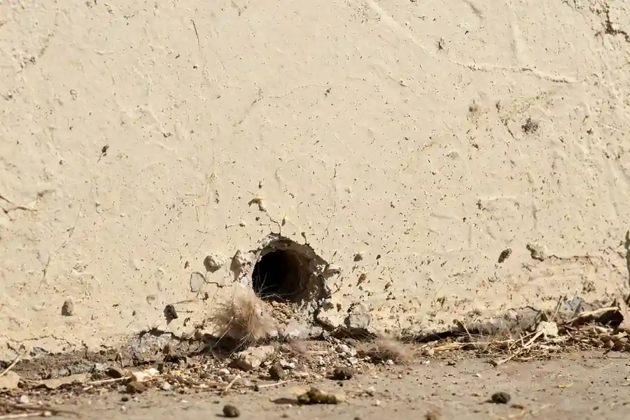 Small half-inch hole in a wall where rats can enter