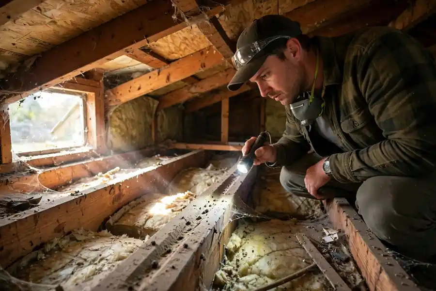 Person inspecting an attic for rat runways
