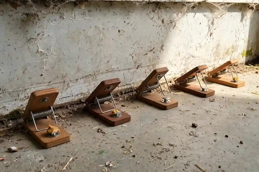 Snap traps set against a wall along a rat runway