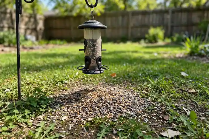 Bird seed spilled under a feeder in a yard