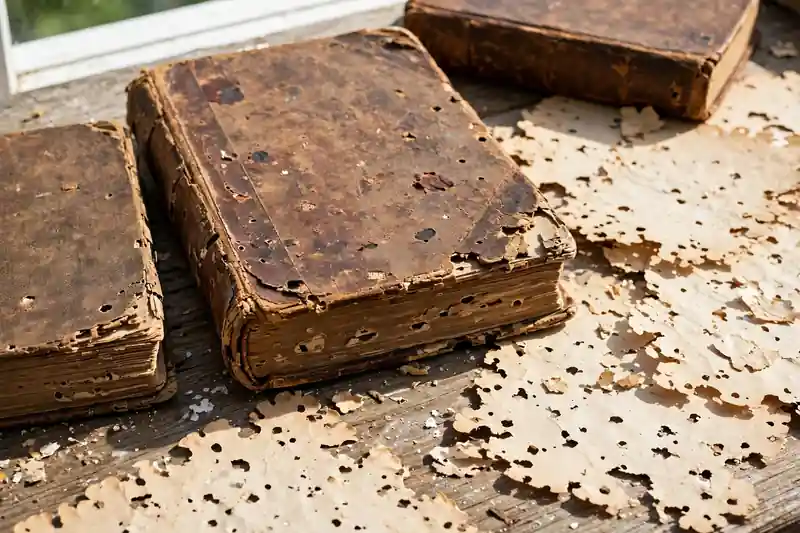Old books and paper with silverfish damage