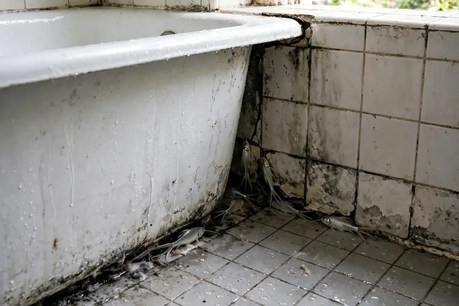 Damp bathroom behind a tub where silverfish hide