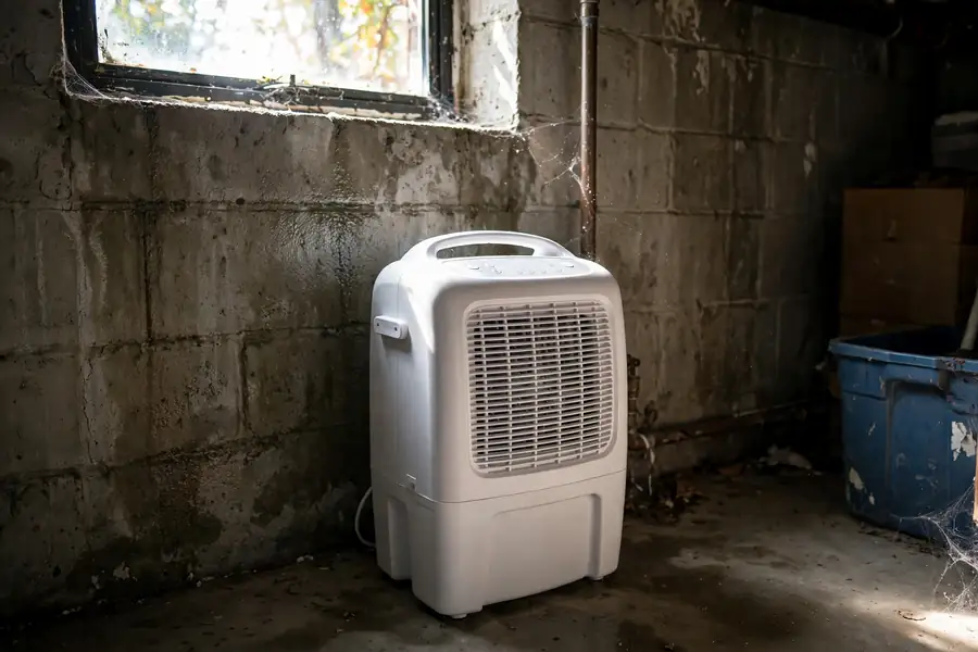 Dehumidifier in a damp basement