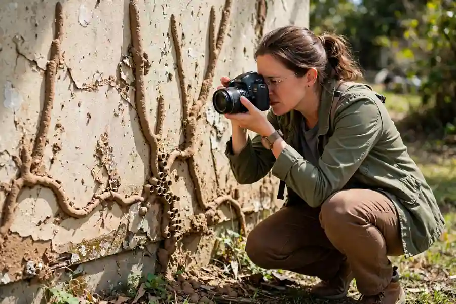 Person photographing termite signs on a wall