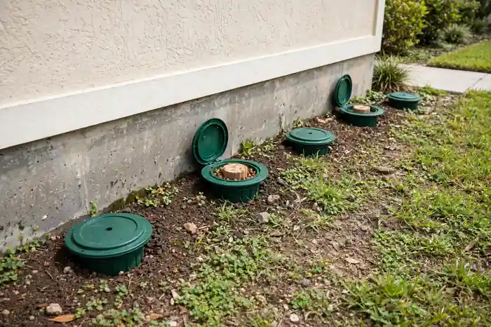 Termite bait stations around a house foundation