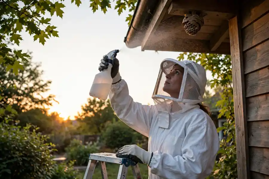 Person in protective gear treating a small wasp nest at dusk