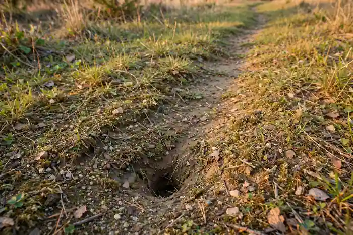 Ground nest hole at dusk with a clear retreat path
