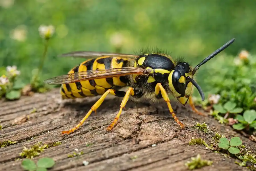 Close-up of a yellowjacket wasp with bright yellow and black markings