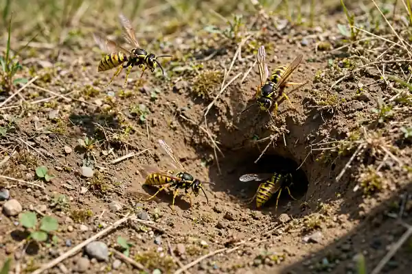 Yellow jackets entering a ground burrow nest