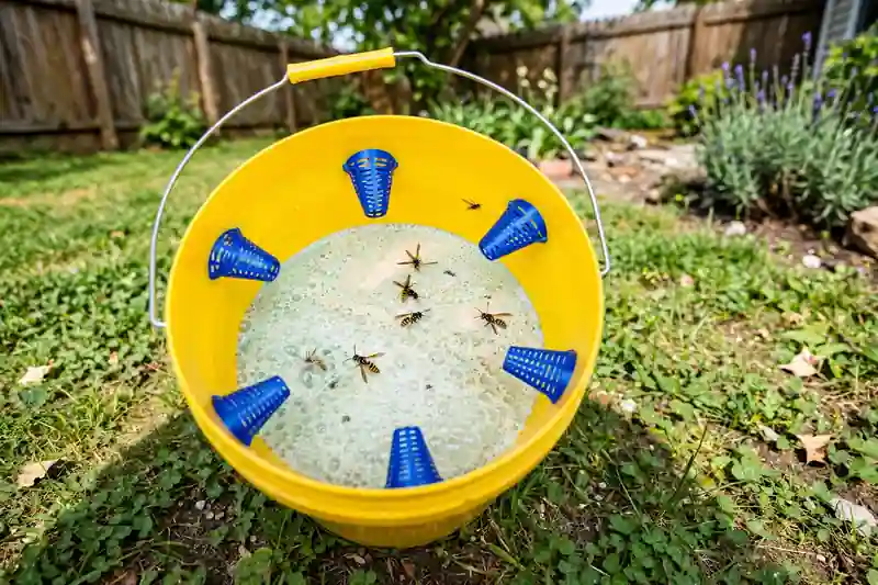 Bucket soapy water trap for wasps in a yard
