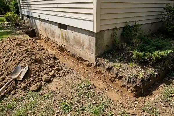 Trench dug along a house foundation for termite treatment