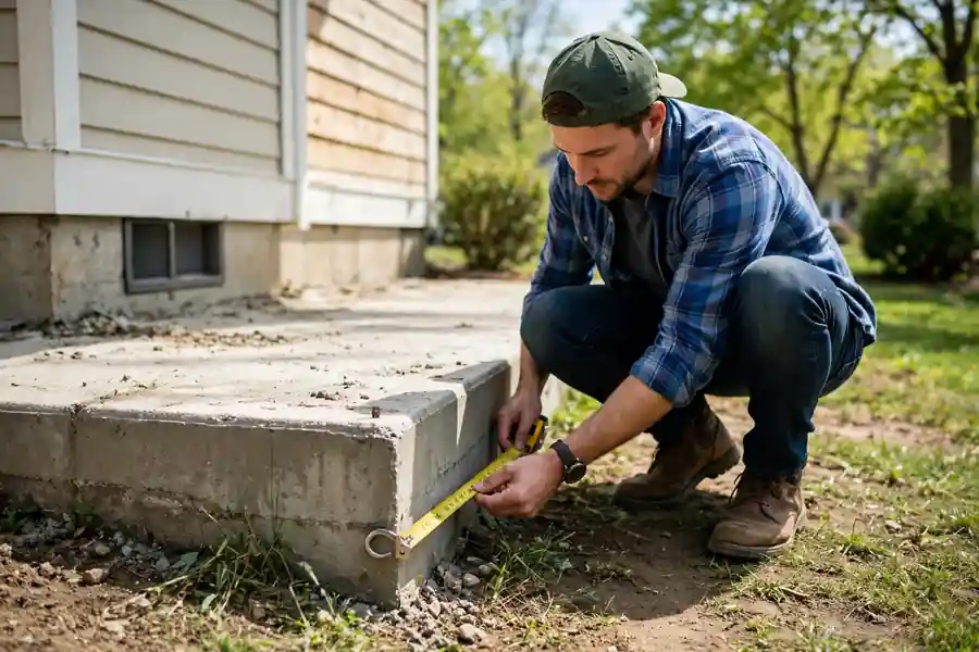 Person measuring the outside edge of a house foundation