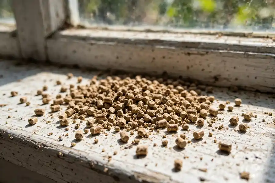 Dry wood pellets from termites on a windowsill