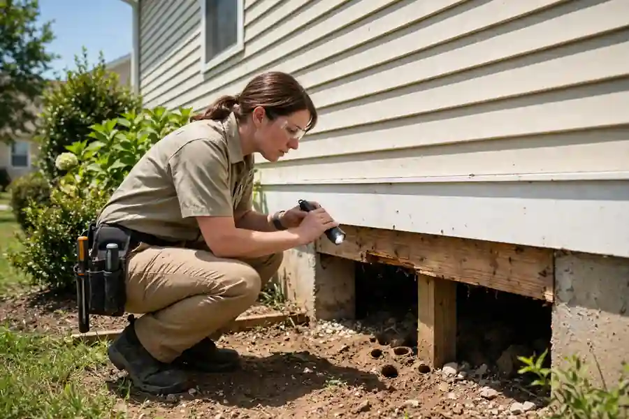 Termite treatment professional inspecting a house