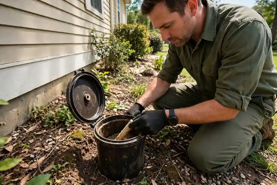 Termite bait station being checked around a house