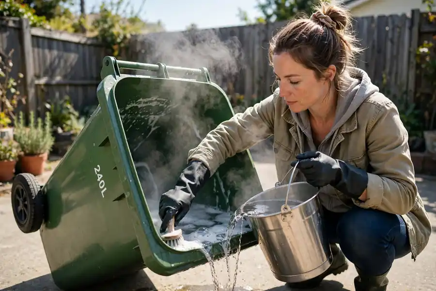 Person scrubbing a trash bin with hot water