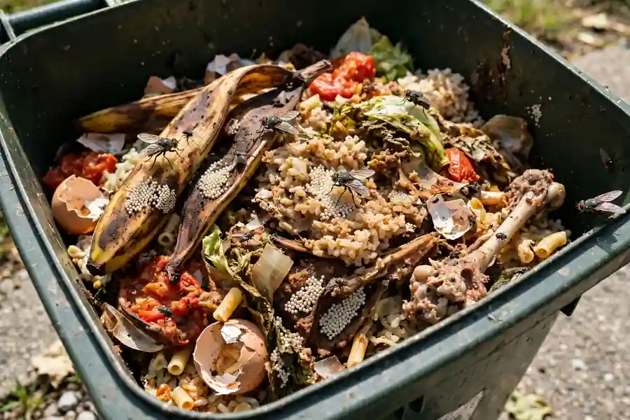 Trash bin with food scraps where flies lay eggs